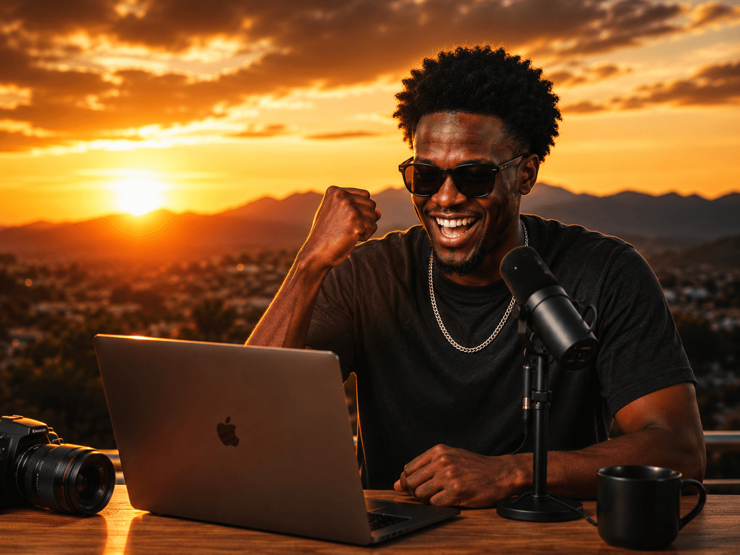 Creator podcasting at golden hour